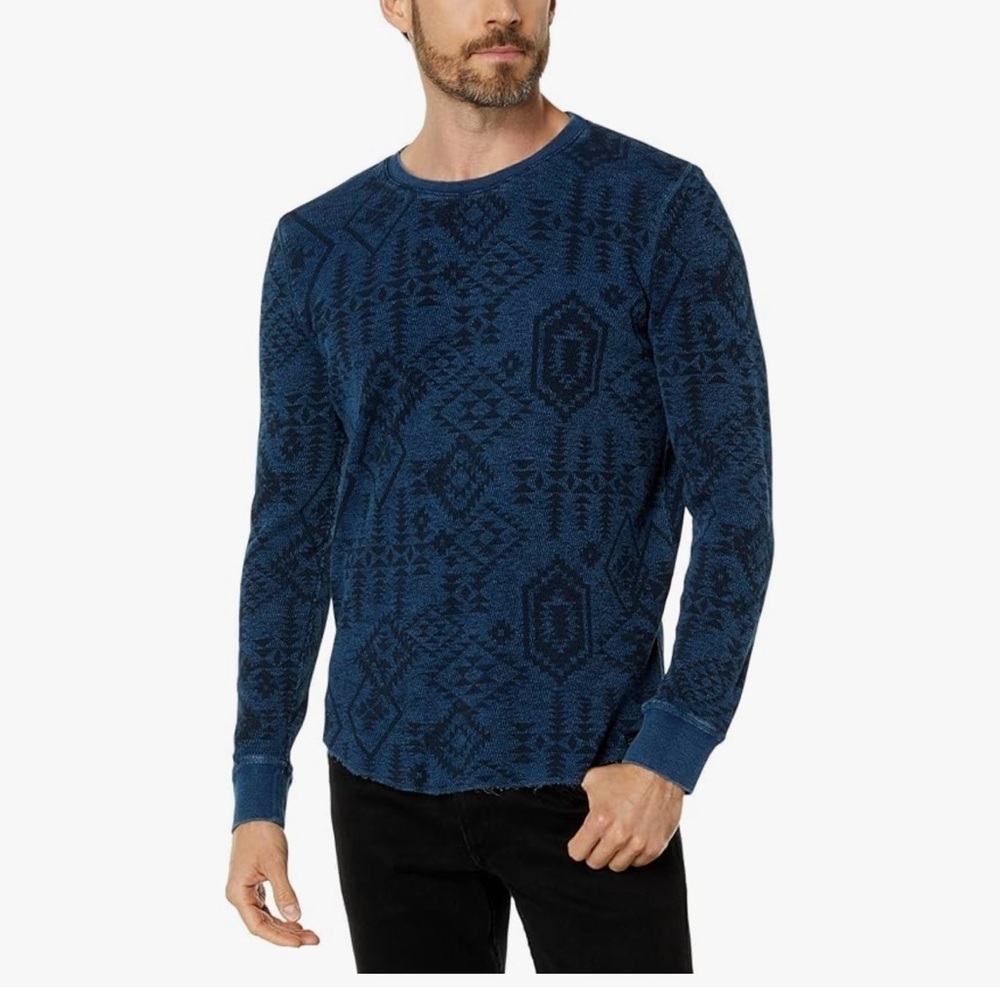 New Lucky Brand Mens L Blue Indigo Aztec Long Sleeve Thermal Waffle Shirt NWT